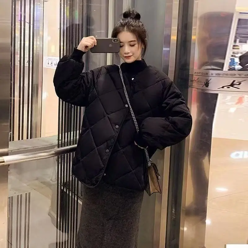 

Осень-зима, новый стиль, легкая короткая хлопковая куртка, женское пальто для отдыха, однотонная женская одежда с ромбовидным узором без воротника