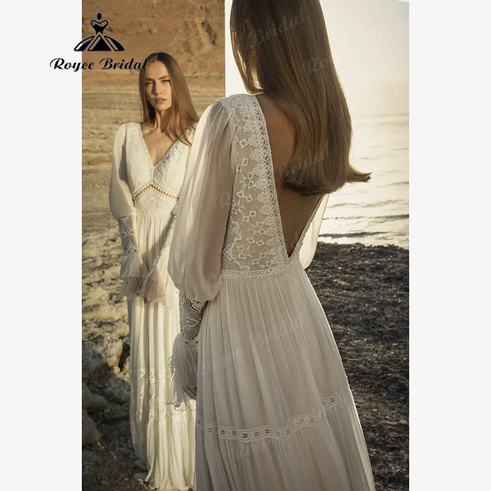 Vestido de novia bohemio para mujer, traje de gasa de manga larga con Espalda descubierta, hecho a medida, 2024