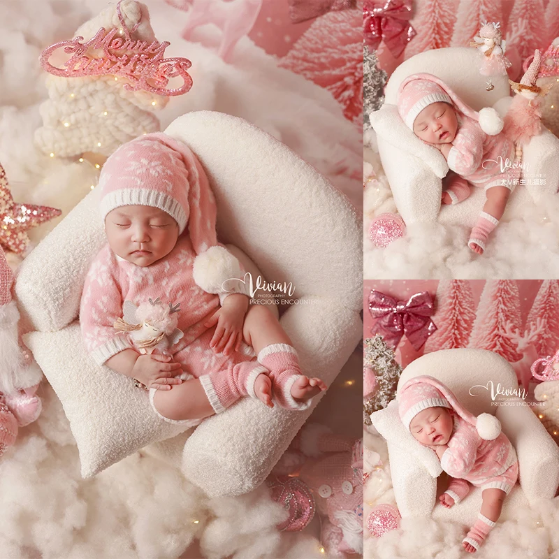 Pakaian Natal Bayi Perempuan Baru Lahir Kostum Santa Rajut Merah Muda Boneka Manusia Salju Mewah Pohon Natal Mini Properti Fotografi Bayi Baru Lahir