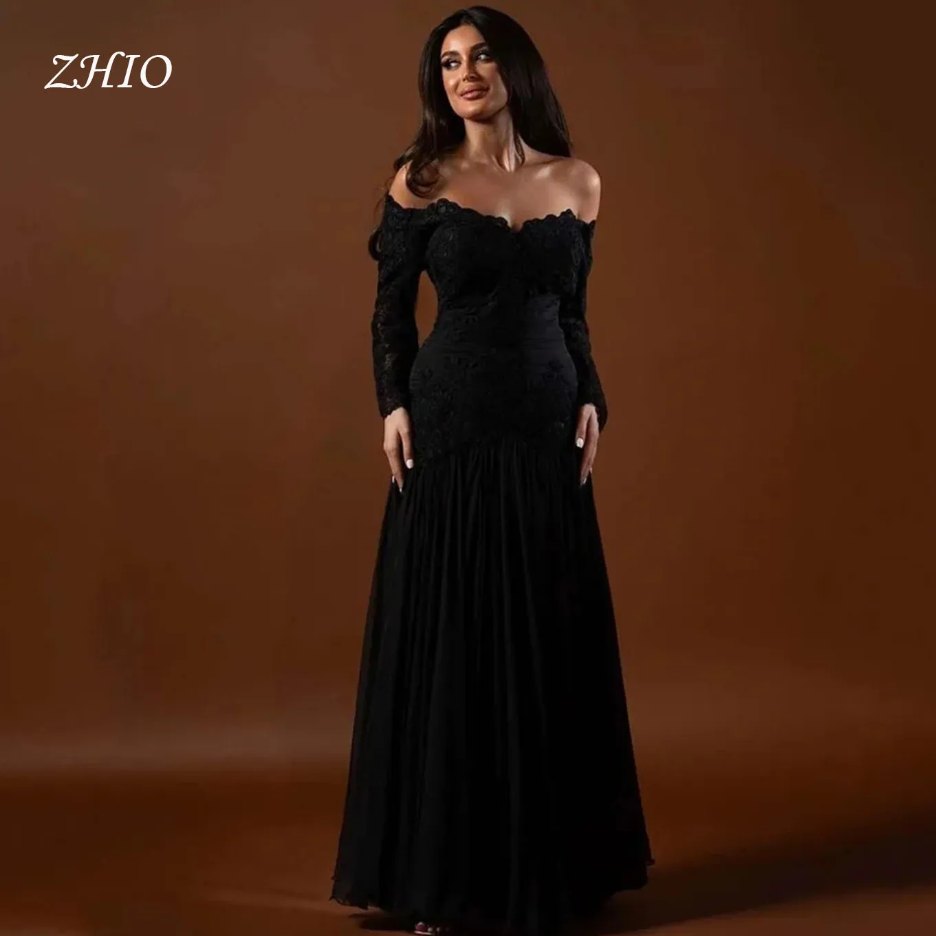 

ZHIO 2026 Black Lace Evening Dress Off The Shoulder A Line Full Sleeves Prom Party Dress Arabic Formal Prom Dress Customized