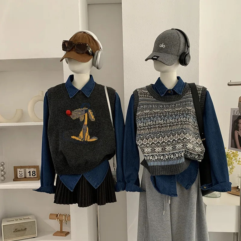 オウムデニム イルト＆ニットベストセット シングルボタン ロングスリーブ カジュアルウェア ラウンドネック シングルレイヤリングトップ レディースファッション