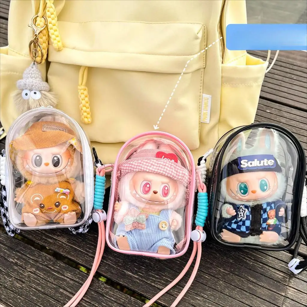 For 15cm Labubu v2 sitting party cotton doll crossbody pain bag pvc storage bag Dolls Display Bag (No dolls)