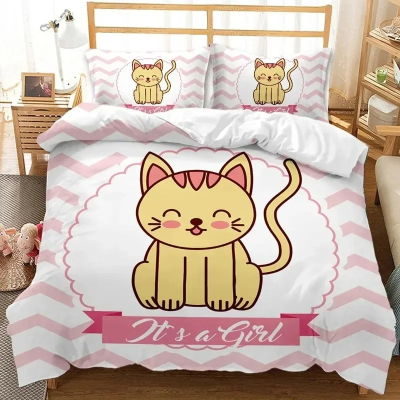 Cute Cartoon Animals Pink Toddler Bedding Set 3D Funny Cat Print Duvet Cover Twin Queen Size For Teens Kids Girls Bedroom Decor