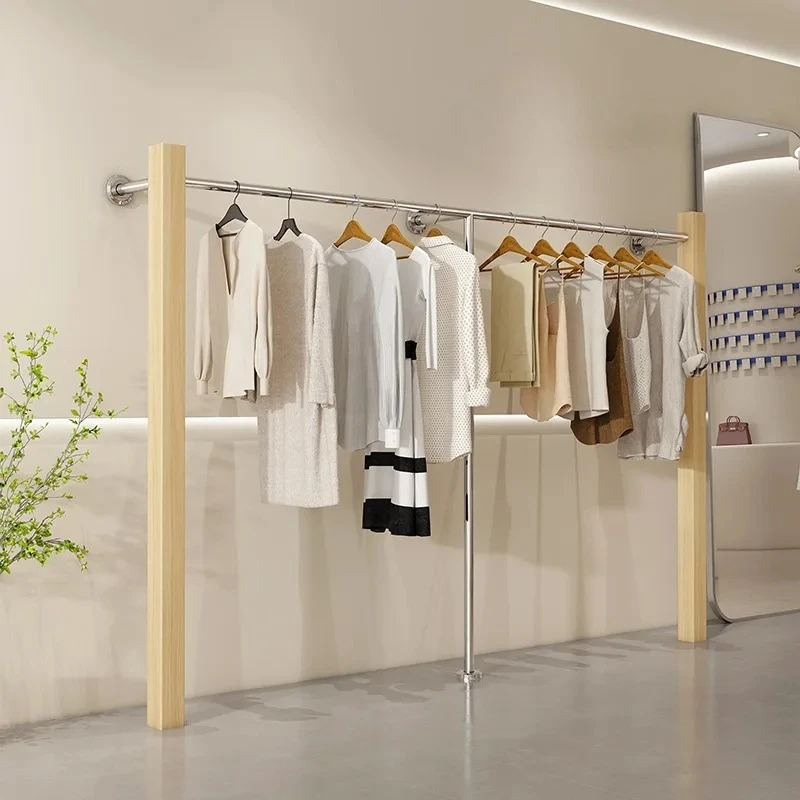 

X-S Clothing Store Wall Display Stand Floor Women's Clothing Store Shelf Dedicated Clothes Rack Stainless Steel Walnut Hangi