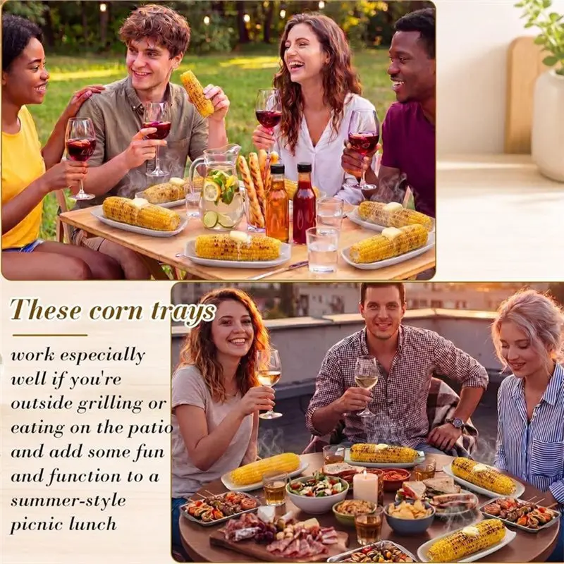 ABLN-Corn Dishes Set Of 4, Stoneware Corn On The Cob Holders, 8.8 Inches Long, Dishwasher And Microwave Safe, Charming