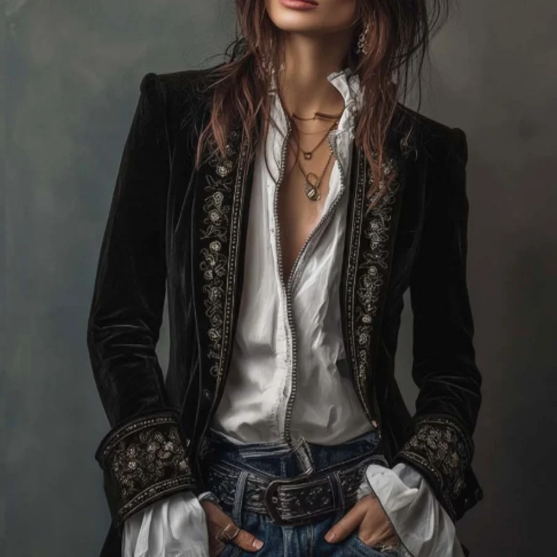 

Ruffled Velvet Jaet Long Sve Pure Color Splicing Lace Gold Velvet Outerwear Women's Faion Retro Sle ort Coat