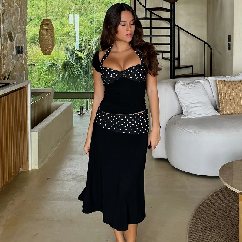 

Patchwork Fashion 2 Piece-set Mini Skirt For Women Spring Lace-up Contrast Backless Cropped Top And High Waist Skirt Sets Female