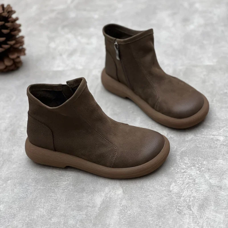 Booties Cowhide Flat Vintage Leather Vintage Brown Zipper Old Man Shoes Winter Women's Shoes Riding Boots Ankle Boots