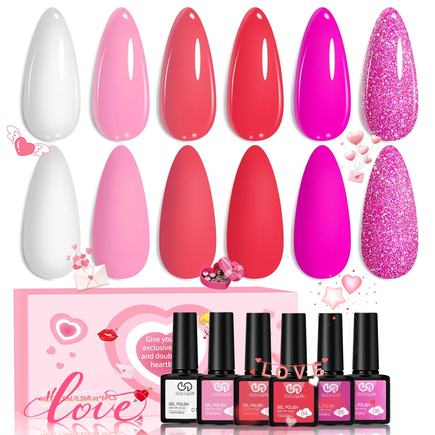 DOULINGDAI Pink Gel Nail Polish Set- 6 Colors 2026 Valentine's Day Pastel Hot Pink Tones Neon Pink White Gel Polish Magenta Light Soft to Dark LED Nail Art for Nail Lovers Gift Salon DIY Starter Kit