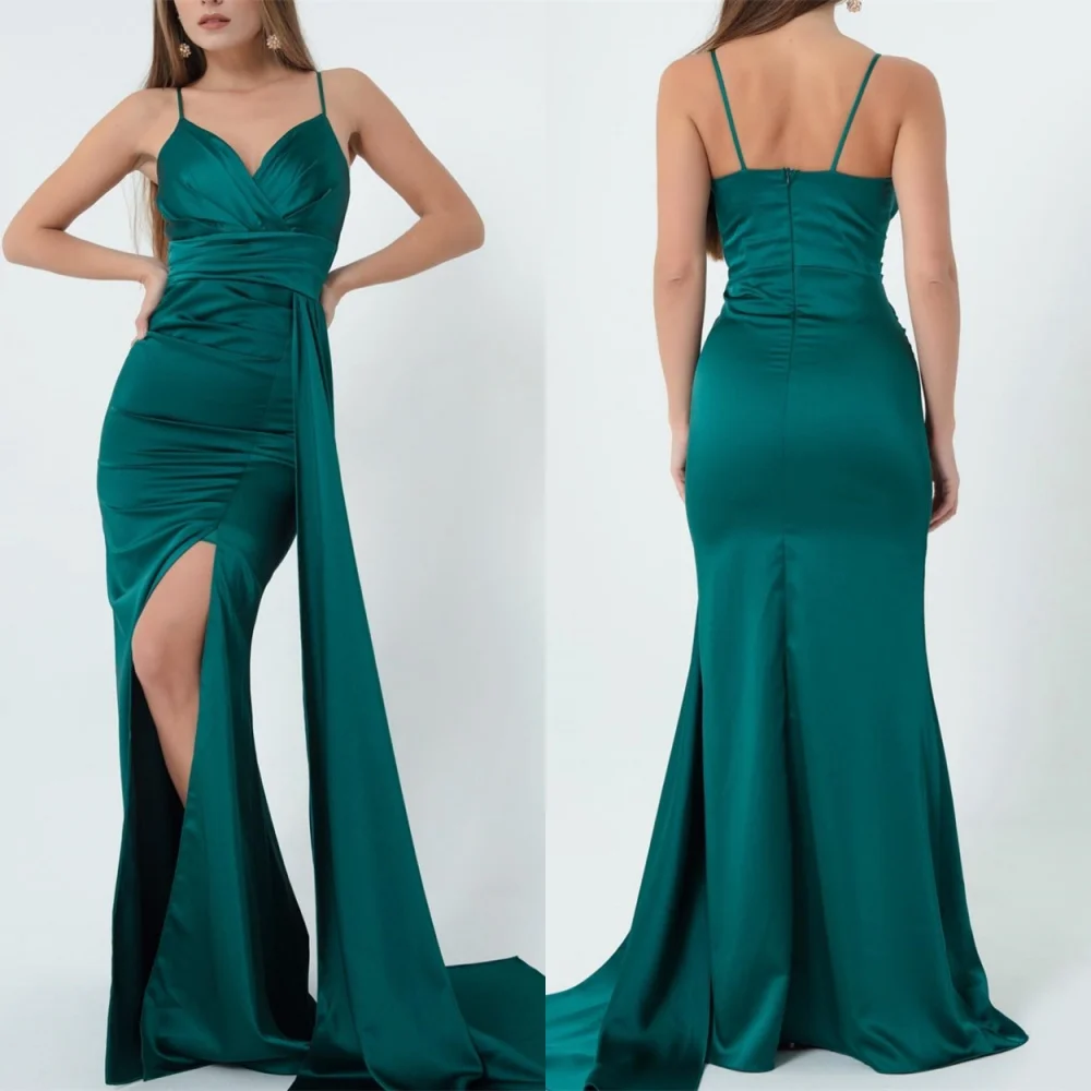 

Customized Temperament Blue Satin Evening Dress High Quality V-Neck Mermaid Side Slit Zipper Back Bespoke Occasion Gowns