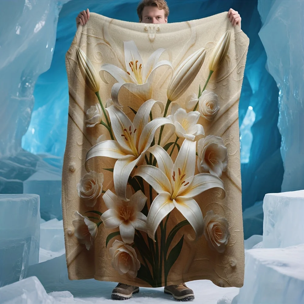 Large Floral Lily Print Throw Blanket Sofa Couch Decoration Elegant Tapestry Luxury Gift Home Decor Plaid 150x200cm