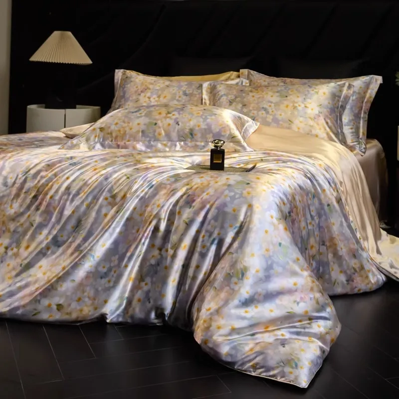 Double-sided silk mulberry silk printed sleep naked-feel luxury ice silk bed sheet duvet cover bedding four-piece set