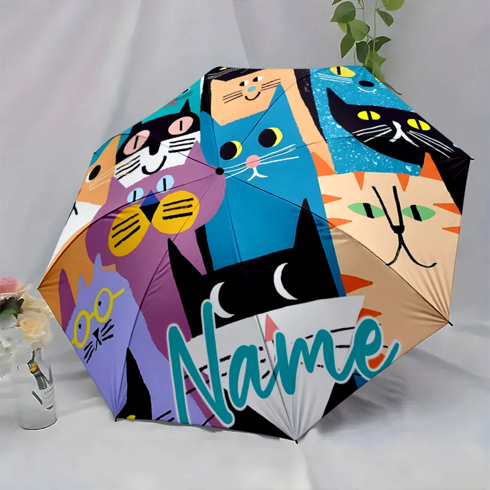 Custom Name Colorful Cat Umbrella Design with Playful Faces Print 8 Iron Ribs Folding Umbrella, Auto-Open Fashion Sunshade