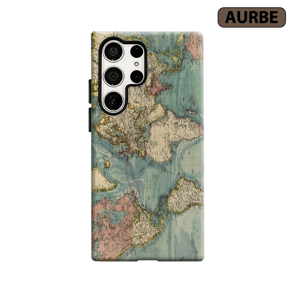 Vintage World Map Phone Case for Samsung Galaxy S26 S25 Ultra S24 S23 Ultra Plus Shockproof Double Layer Tough Back Cover