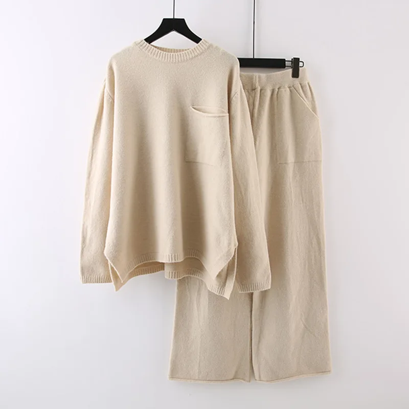 

Autumn and Winter Solid Color Loose Knitted Set Women's French Lazy Style Irregular Sweater Wide Leg Pants Two Piece Set