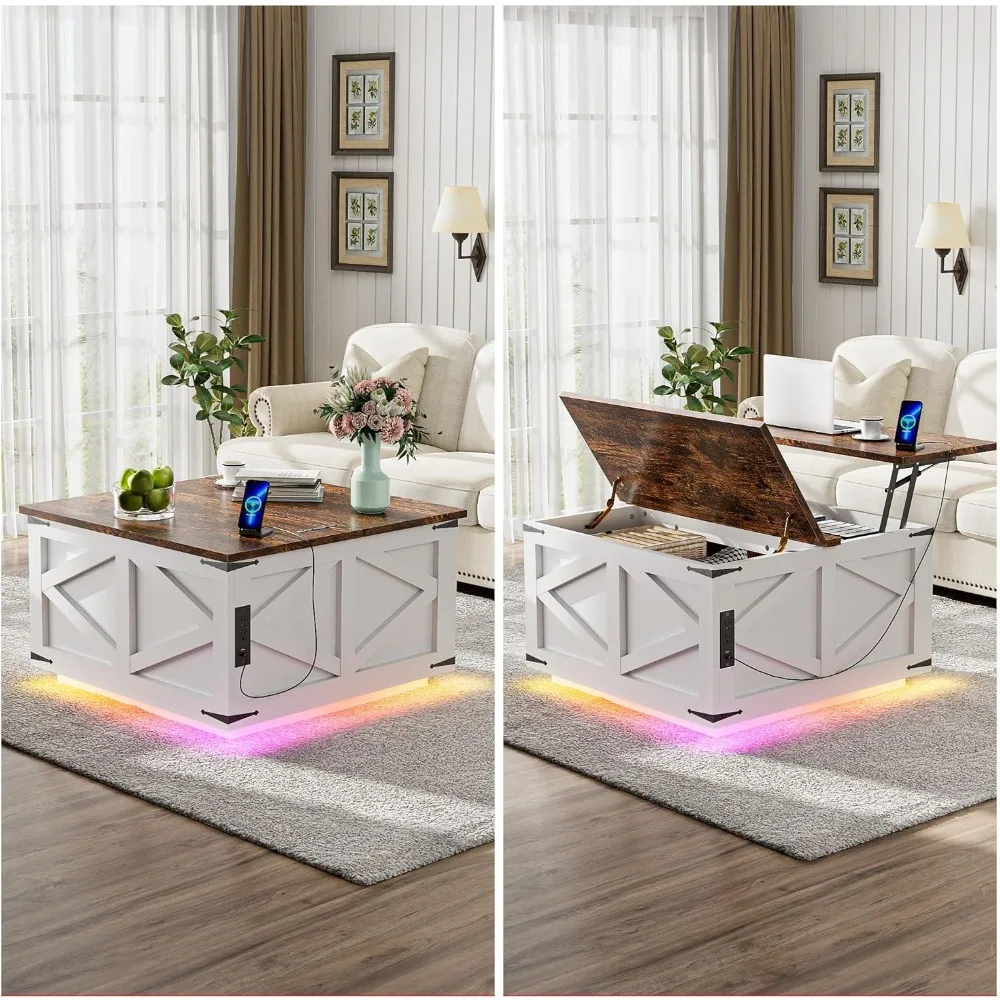 31.5 Inch White Farmhouse Style Coffee Table with Lift Top, LED Lighting, and Power Outlets, Square Storage Ottoman featuring US