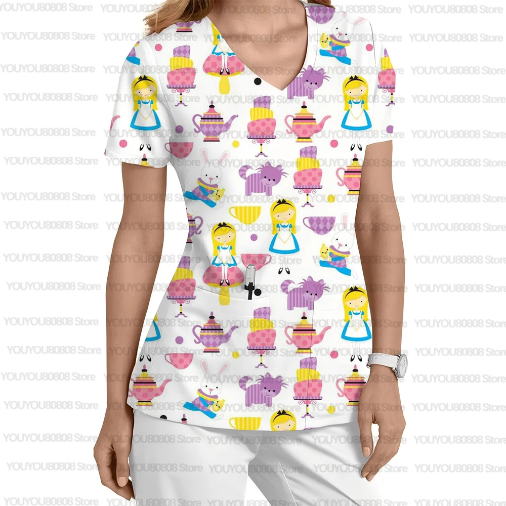 Uniformes médicaux princesse sirène Disney, ruban rose, motif de chasseur de cancer, uniformes pour femmes, col en v, manches courtes avec poches t