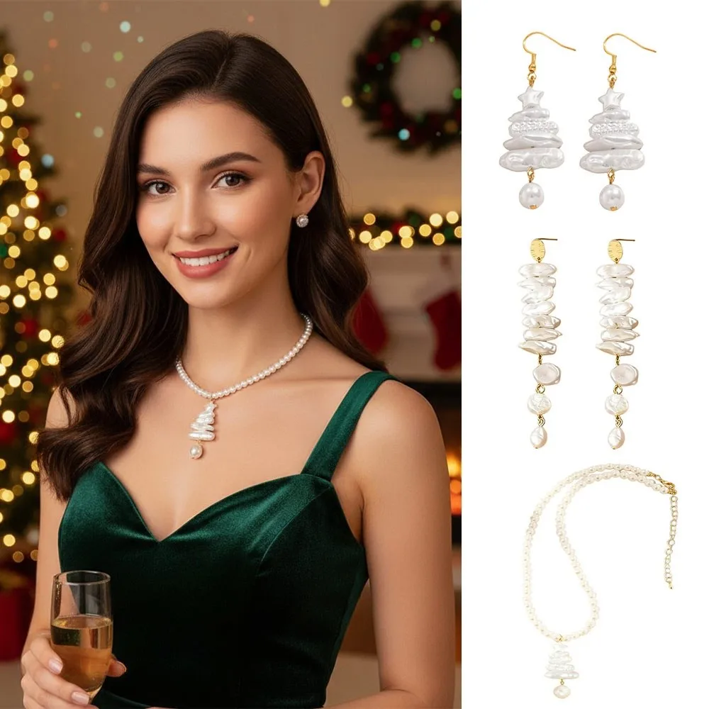 Xmas Gift Pearl Flower Christmas Earrings Irregular Long Christmas Tree Snowflake Design White Stud Earrings Women Gift