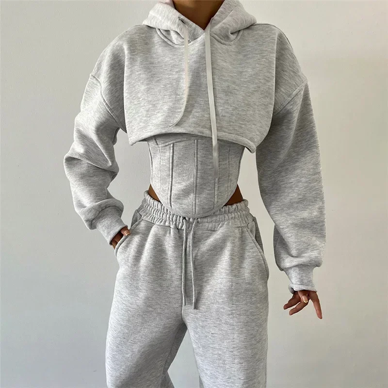 Neue Schnürhosen-Sets für Damen, schlanke, einfarbige, gespleißte Tanktops, Damen-Langarm-Kurz-Hoodies und Hosenanzüge, Damen-Outfits für den Winter