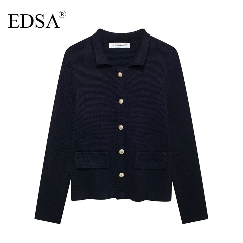 EDSA Women Buttoned Knit Cardigan Jacket Long Sleeves Front Welt Flap Pockets Single Breasted Sweater Coat for Autumn