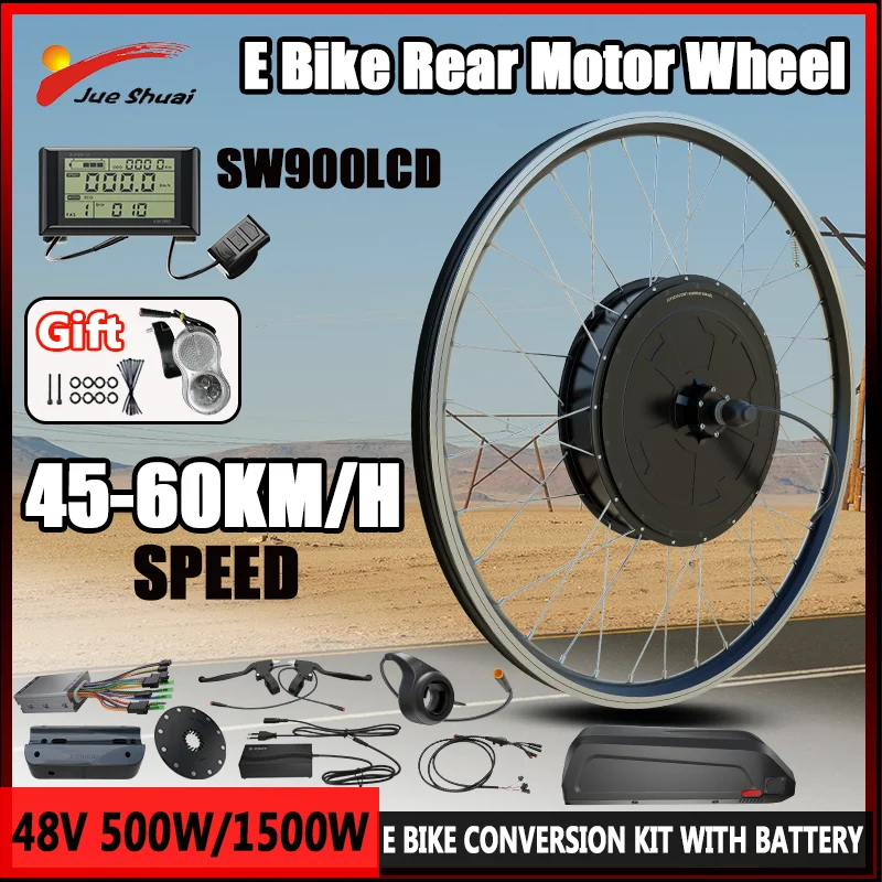 26“-29“ 700C E Bike Conversion KIt with 13/20AH Battery 48V 500W/1500W Rear Brushless Motor Wheel 45-60KM/H Speed E Bike Kit