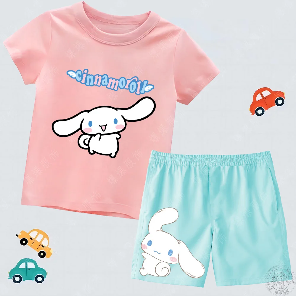 Kids Cute Laurel dog Print Short Sleeve T-shirt SUIt Summer casual beach Shorts Kawaii Sanrio Girls Short sleeve T-shirt suit