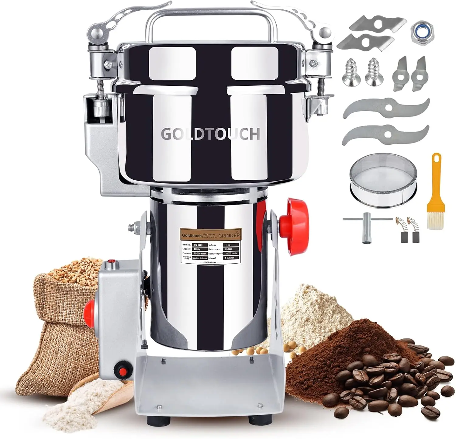 Molino Eléctrico de Granos de Alta Velocidad de 2000g, Produce Harinas Sin Gluten, 3600W 110V, Molinillo de Especias de Acero Inoxidable, Molino de Granos para