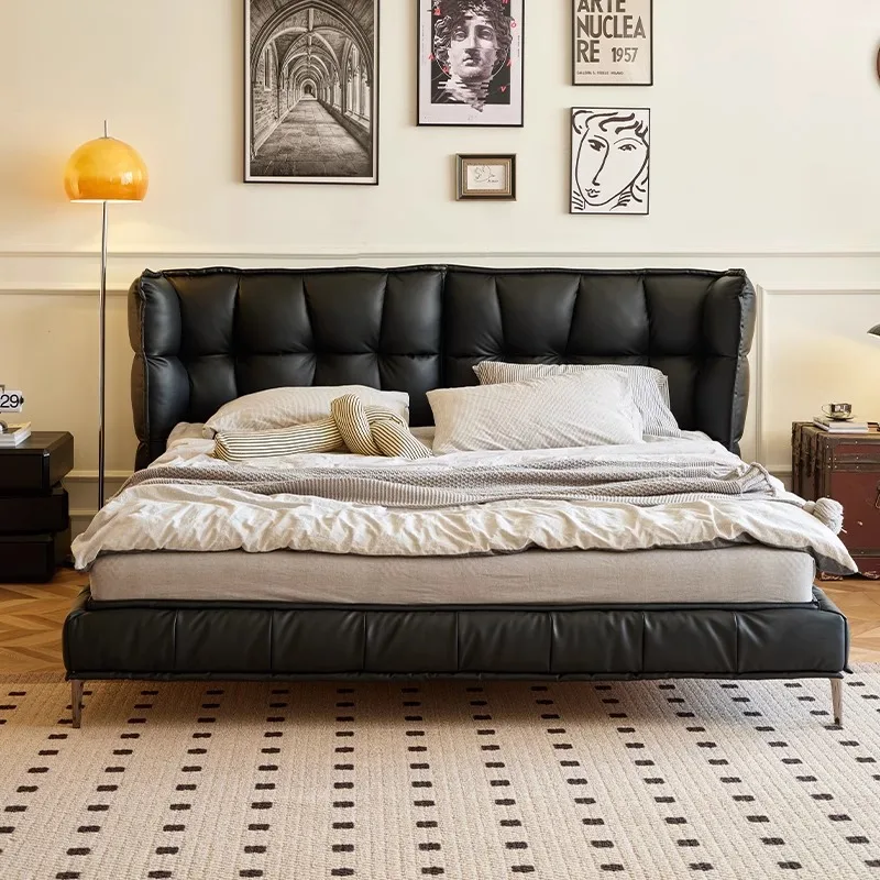 Muscle bed retro leather suspension bed black master bedroom medieval soft bag bed