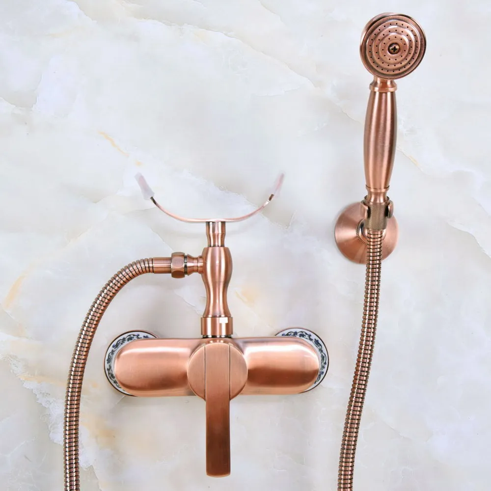 

Red Copper Antique Wall Mounted Bathroom Shower Faucet Set with 1.5M Hose Handheld Spray Head Mixer Tap Dna350