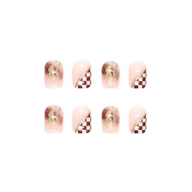 

24PCS Chocolate Checkerboard Press-On Nails – Medium-Long Square Shape With Brown Glitter & Geometric Blocks (Edgy Sweet Style)