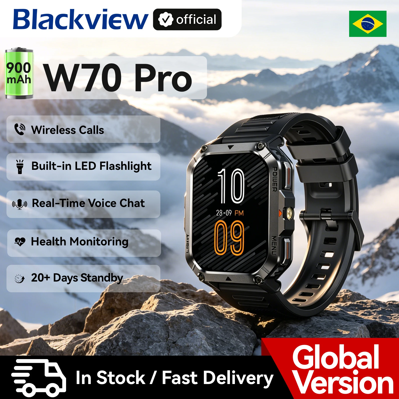 Blackview  W70 Pro Smart Watch 2.01'' HD Full View Screen 900mAh Rugged Smart Watch for Outdoor With Emergency Lighting, Compass