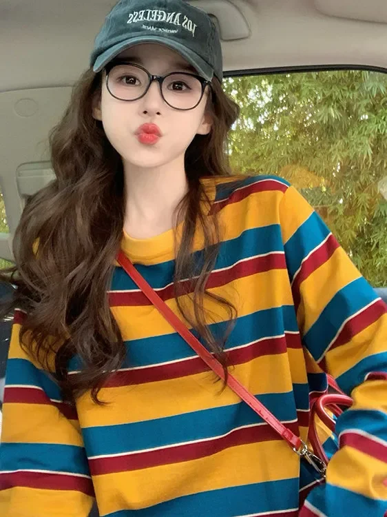 Women Color Block Striped Long Sleeve T Shirt Crew Neck Loose Casual Retro Yellow Blue Red Stripe Basic Tee Daily Streetwear image 4