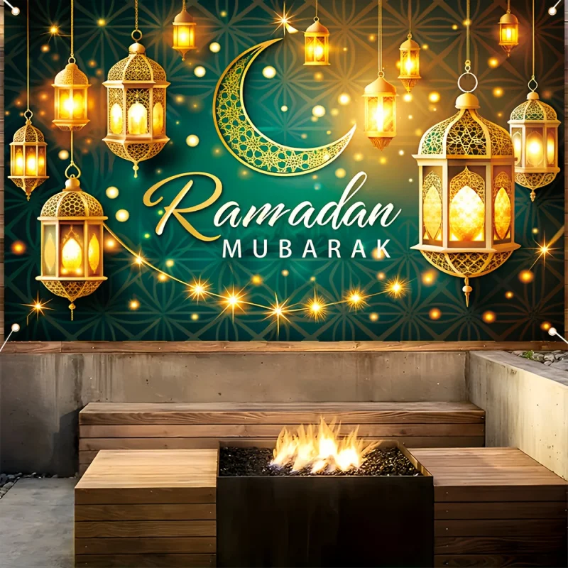VIKAMA Ramadan Mubarak Green And Gold Lantern Tapestry Wall Hanging For Muslim Festival Party Living Room Entryway Home Decor