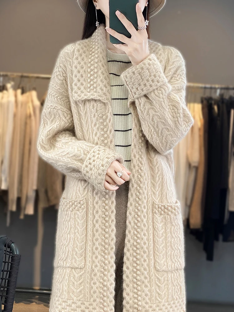 Women Autumn Winter Belt Turndown Neck Long Sleeve Cardigan Sweater Soft Grace 100% Merino Wool Knitwear Female Clothes Tops