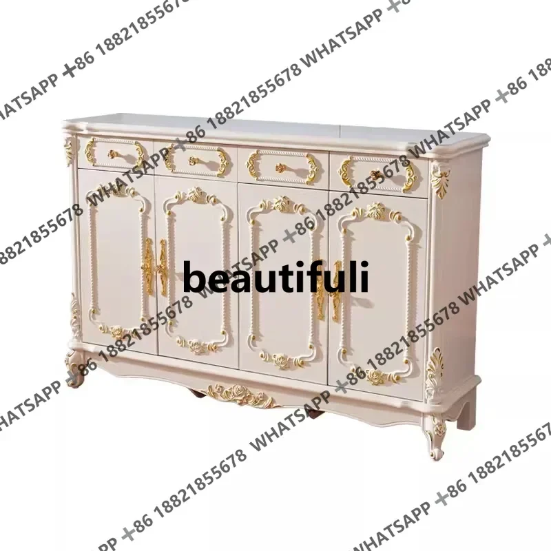 Z10European shoe cabinet white solid wood carving flower gold four door shoe cabinet foyer porch living room large