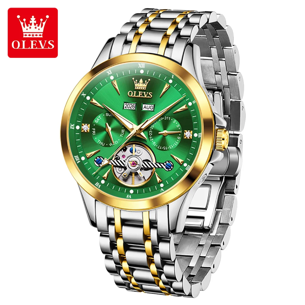

OLEVS Brand New Luxury Tourbillon Mechanical Watch for Men Stainless Steel Waterproof Week Date High end Watches Mens Reloj
