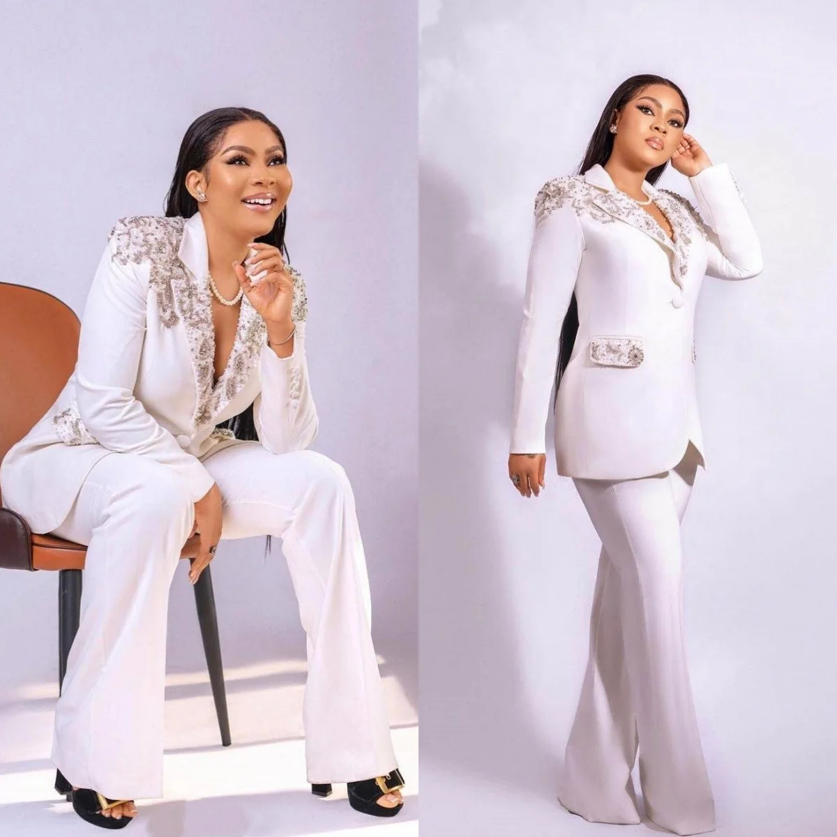 

Luxury Beaded Suits For Women One Button Notched Lapel Pant Sets Office Ladies Work Plus Size 2 Pieces Customized