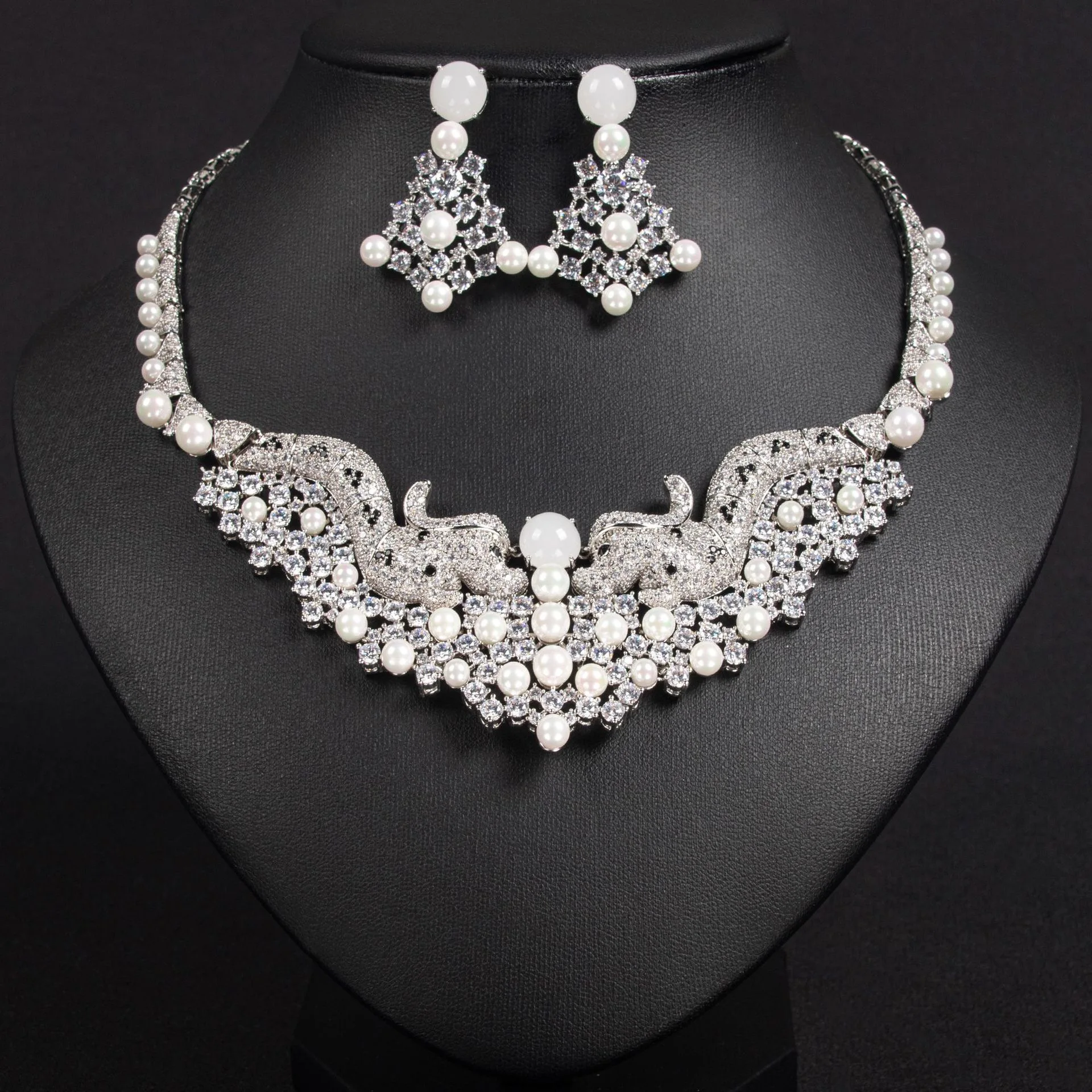 Luxury Fashion Retro CZ Zirconia Animal Pearl Necklace Drop Earrings For Women Wedding Bride Banquet Dinner Dress Jewelry set