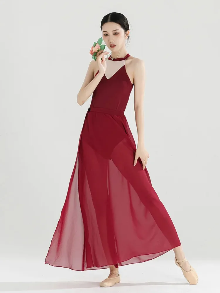 Abito con orlo diviso patchwork in rete senza maniche con scollo all'americana – Costume da palcoscenico per balletto slim fit per spettacoli di danza da donna