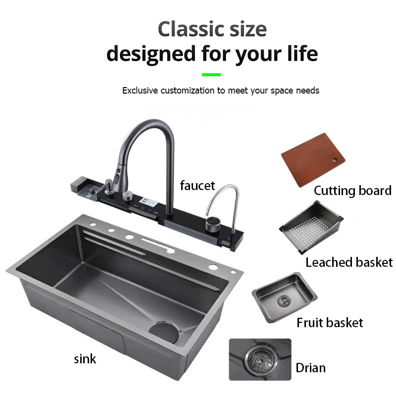 Digital Whole Set Accessories SUS304 Durable MultiFunction Single Big Bowl Waterfall Kitchen Sink  With Cup Washer