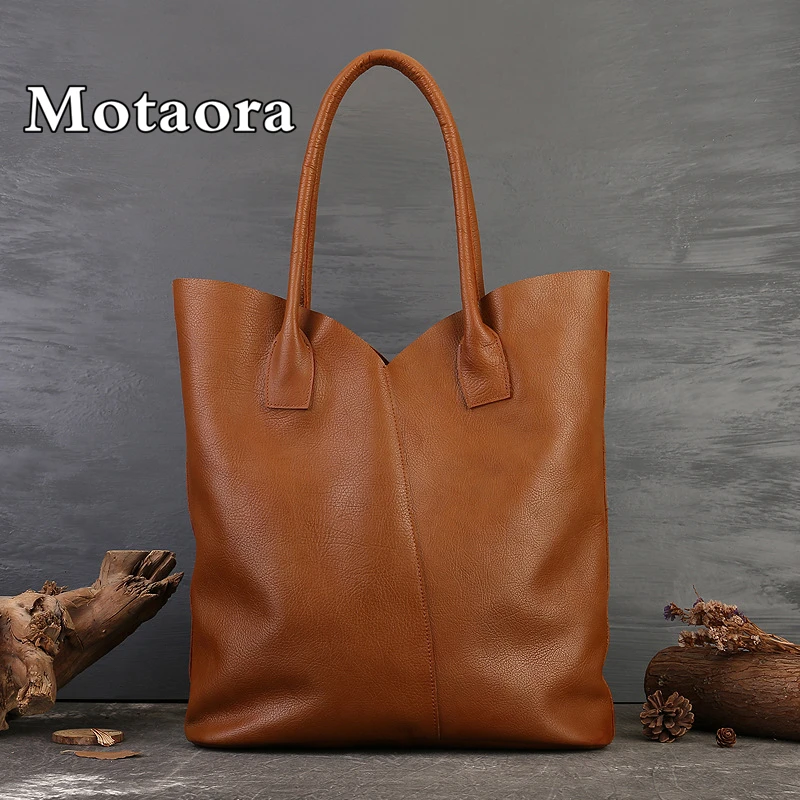 

MOTAORA Vintage Genuine Leather Women's Handbag New Solid Color Commuter Shoulder Bag Versatile Large Capacity Casual Bucket Bag