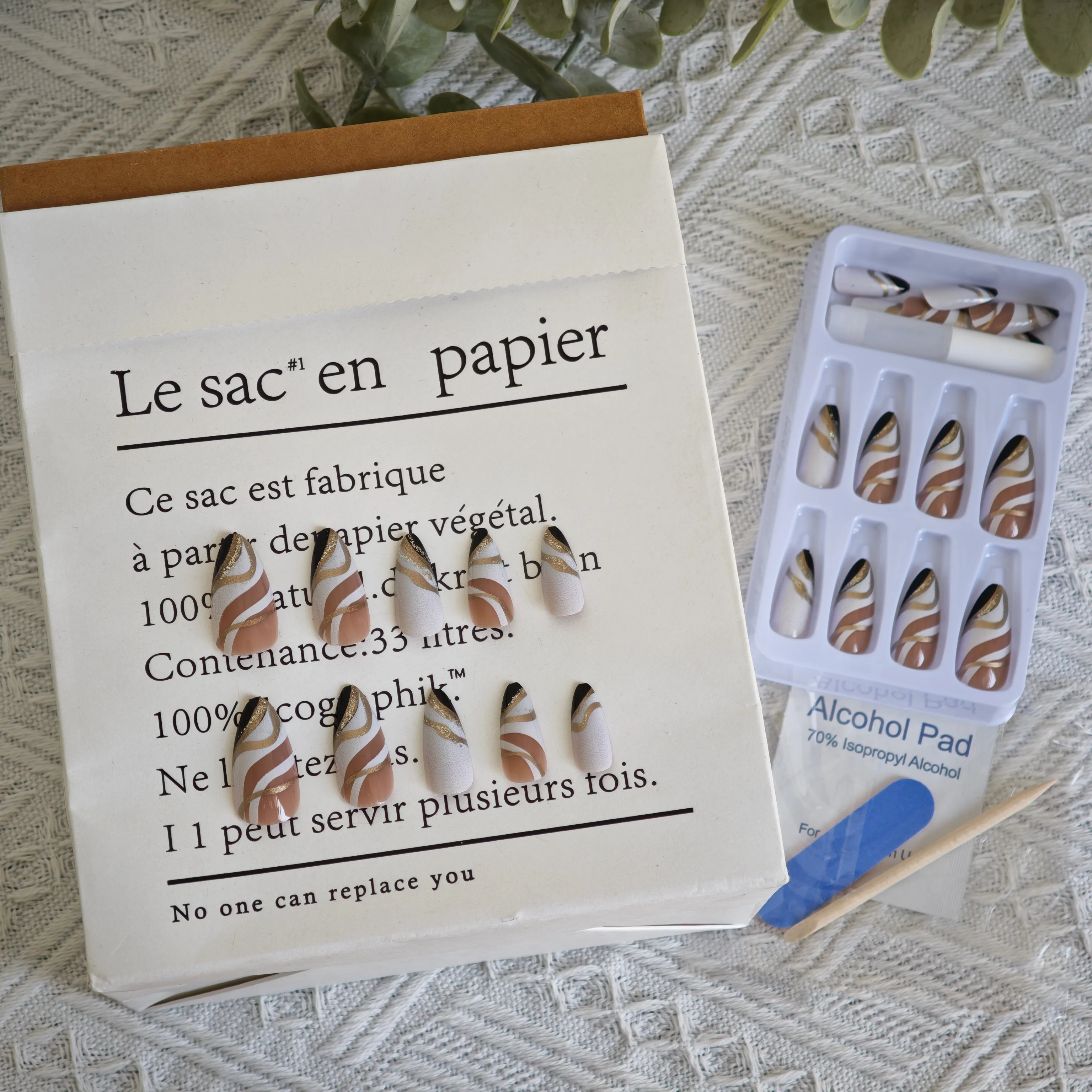 

24Pcs Almond Press on Nails - Black & Gold Color Block with Geometric Tips | Sweet Edgy European Style in Mixed Sizes