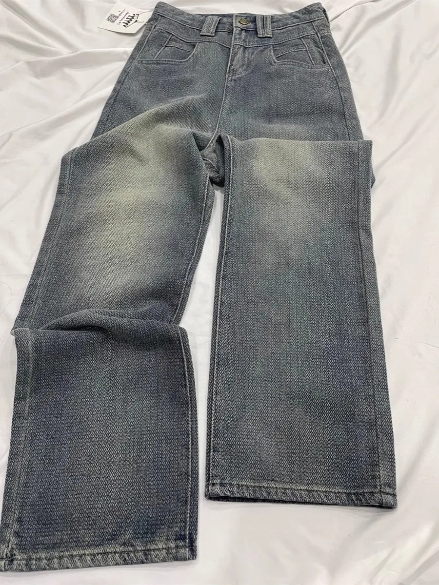 Hohe Taille, weites Bein, gerade geschnittene Jeans für Damen, Herbst, neue Sle Pear Ape, schlankmachende Hüfte, das amerikanische Sternenmuster bedeckt
