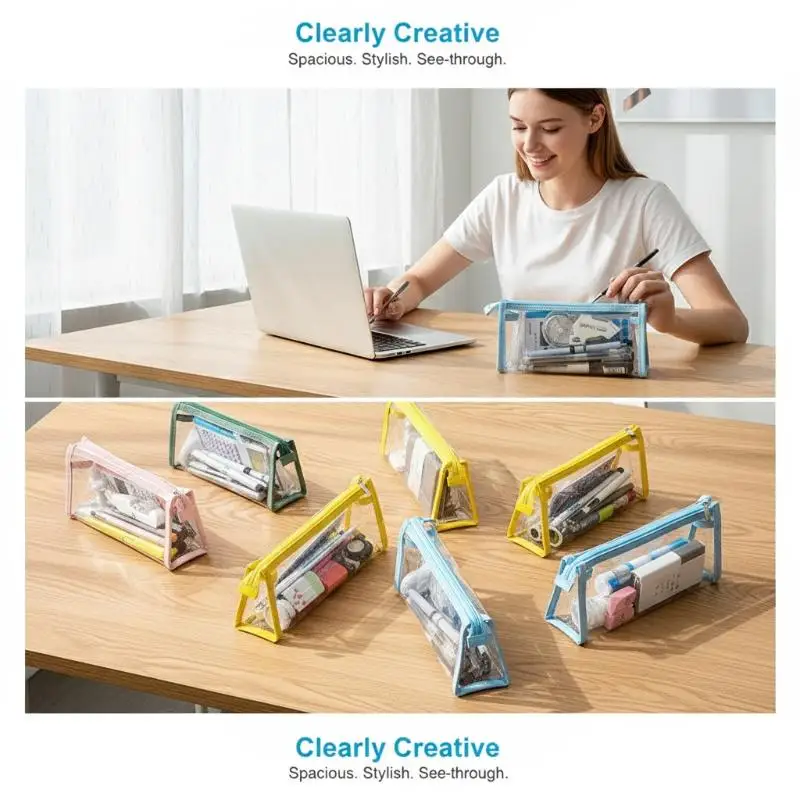 Transparent Pencil Case Waterproof PVC Large Capacity Kawaii Pen Bag for Students School Office Cosmetic Organizer