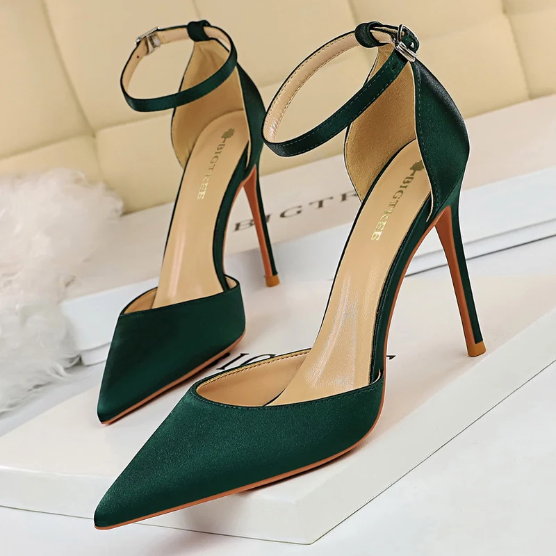 BIGTREE Shoes Satin With Shallow Pointed Women Pumps Buckle High Heels Female Shoes Stiletto Heels Sandals Sexy Party Shoes