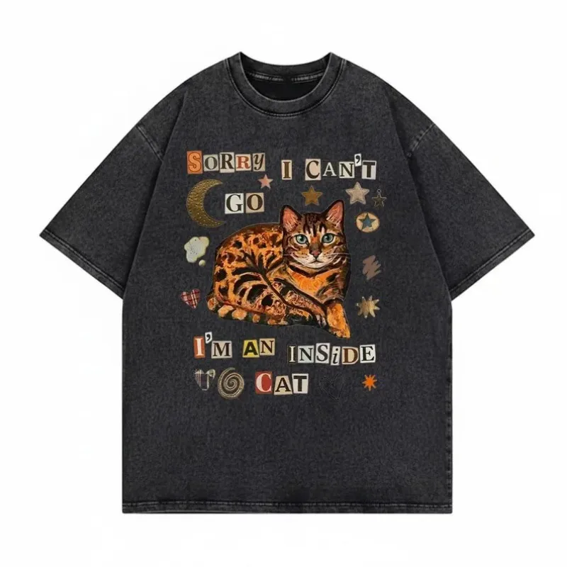 Vintage Washed Angel Cat Flower Print T-Shirt Cute Fairy Kitten Floral Tee Casual Loose Fit Short Sleeve Tops for Men Women