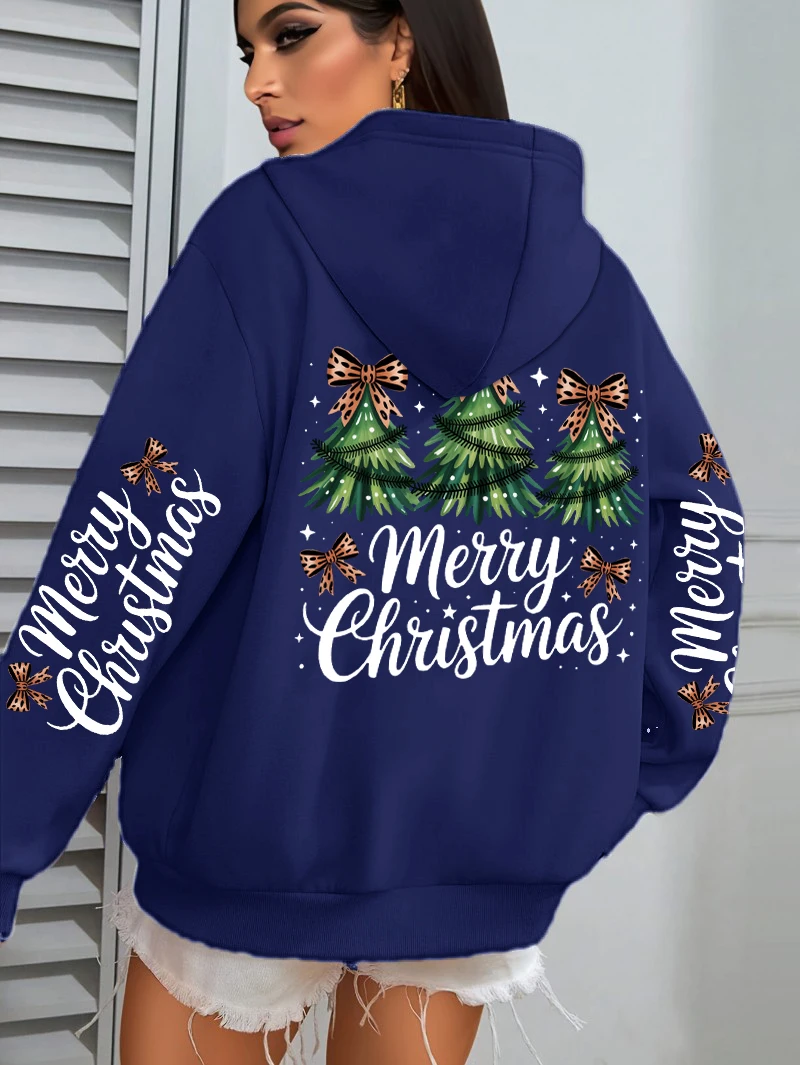 เสื้อฮู้ดผู้หญิงลายต้นคริสต์มาส ผ้าฟลีซ สไตล์ลำลอง ใส่สบาย มีกระเป๋า ทรงโอเวอร์ไซส์ สำหรับฤดูใบไม้ร่วง สไตล์ Y2K