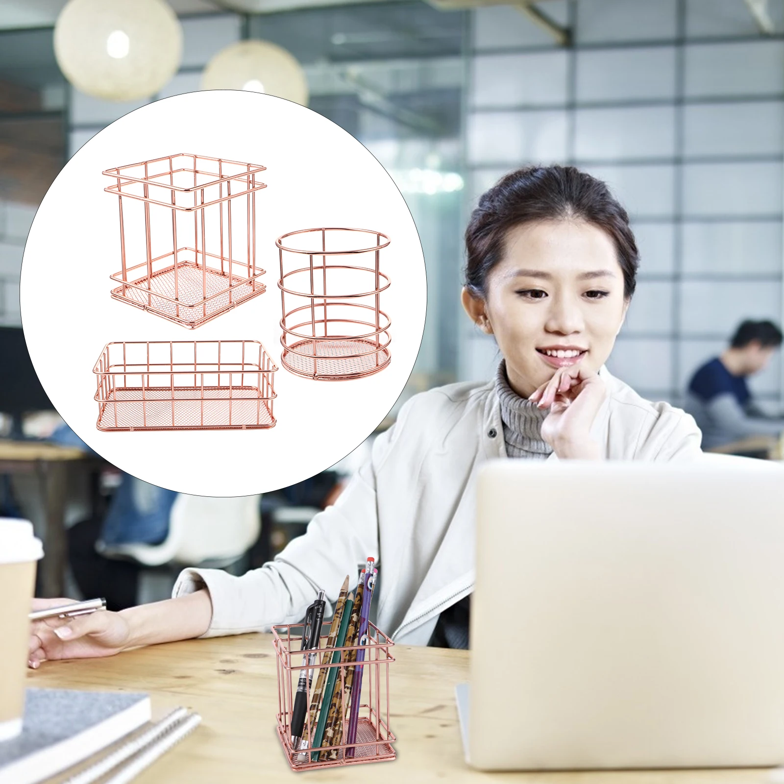 

/Set Rose Gold Stainless Steel Pen Holder Metal Storage Basket Desktop Organizer Hollow Carved Container Kitchen Living Room