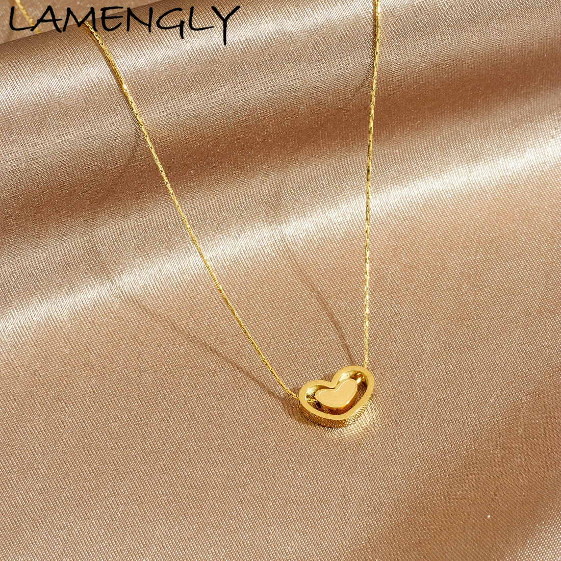 LAMENGLY 316L Stainless Steel Minimalist Style Double-Layer Heart Design Pendant Necklace Lady Elegant Chic Waterproof Jewelry