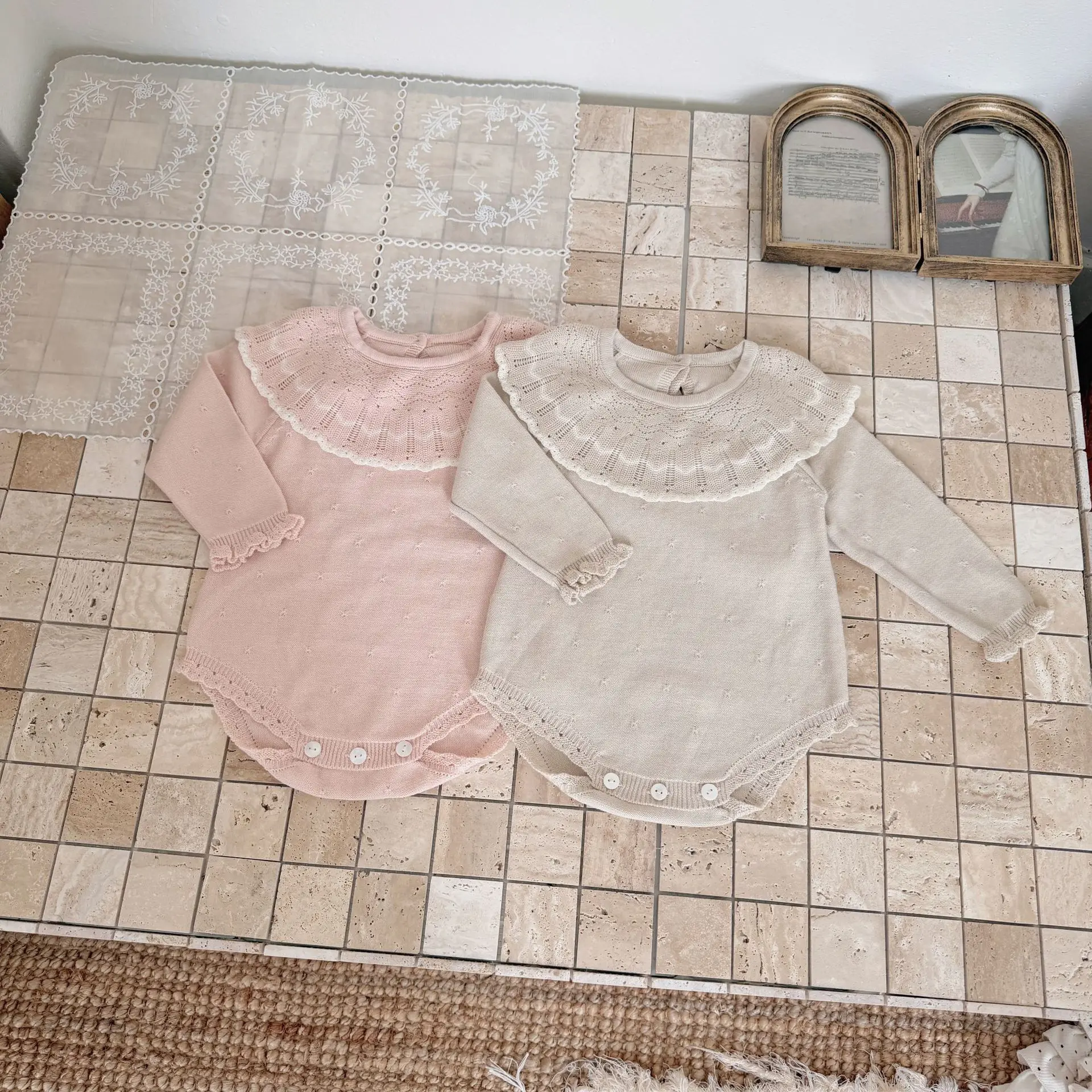 Baby Girl Autumn Winter Knitted Harem Ruffle Collar Romper for Baby Girl Long-sleeved Triangle One-piece Baby Girl Bag Bag
